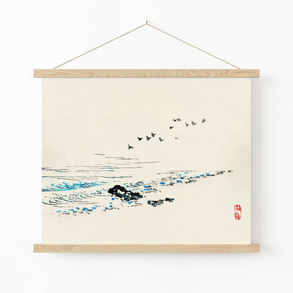 Birds and Waves Art Print in Wood Hanger Frame on Wall