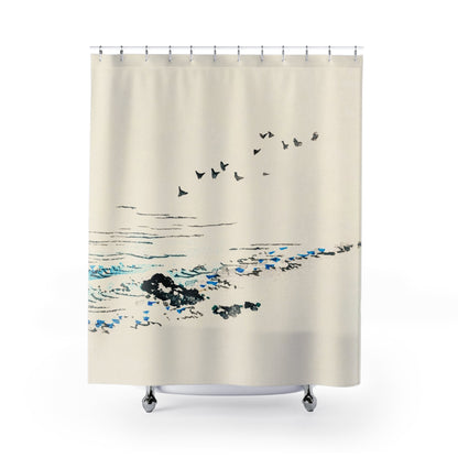 Minimalist Ocean Shower Curtain with beach design, coastal bathroom decor featuring simple beach scenes.