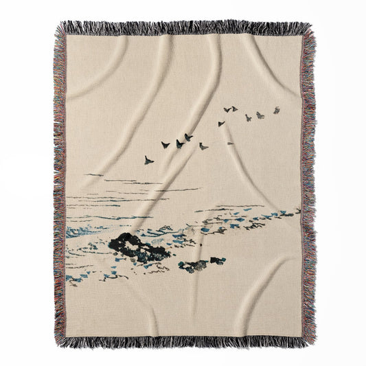 Minimalist Ocean woven throw blanket, made of 100% cotton, featuring a soft and cozy texture with a beach theme for home decor.