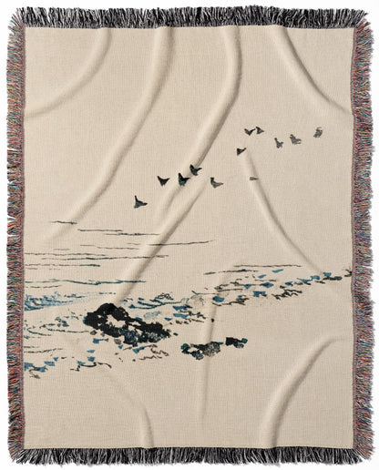 Minimalist Ocean woven throw blanket, made of 100% cotton, featuring a soft and cozy texture with a beach theme for home decor.