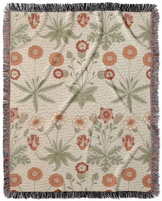 Daisy Pattern woven throw blanket, made with 100% cotton, providing a soft and cozy texture with a William Morris design for home decor.