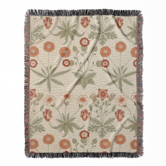 Daisy Pattern woven throw blanket, made with 100% cotton, providing a soft and cozy texture with a William Morris design for home decor.