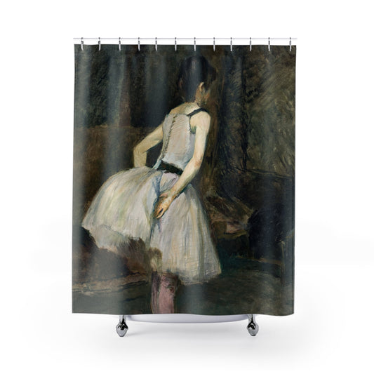 Moody Ballerina Shower Curtain with black and white design, artistic bathroom decor showcasing monochrome ballet scenes.