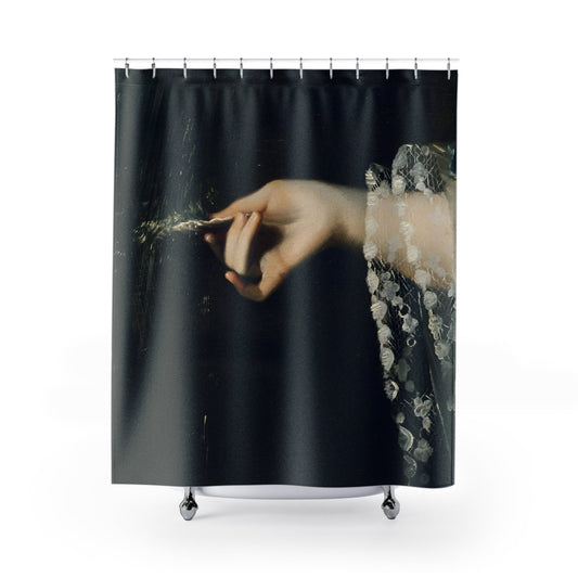 Moody Dark Academia Shower Curtain with gothic aesthetic design, atmospheric bathroom decor showcasing gothic art.