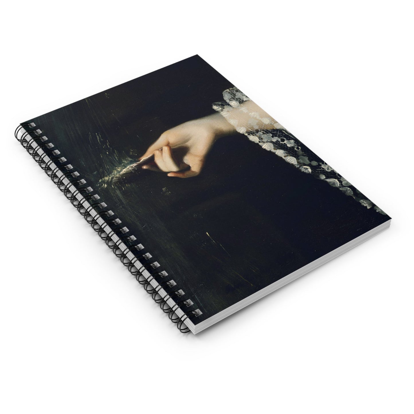 Moody Dark Academia Spiral Notebook Laying Flat on White Surface