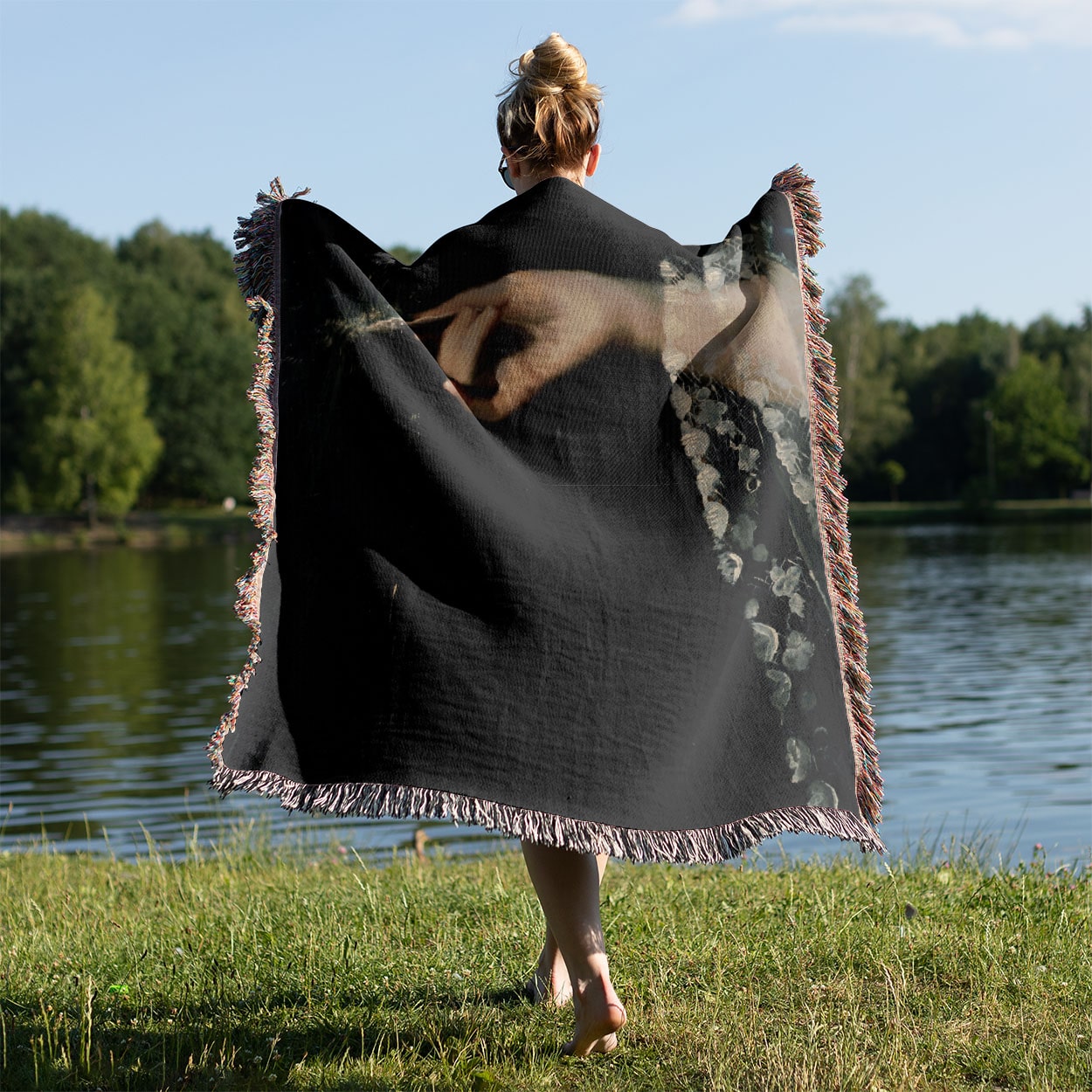 Moody Dark Academia Woven Throw Blanket Held on a Woman's Back Outside