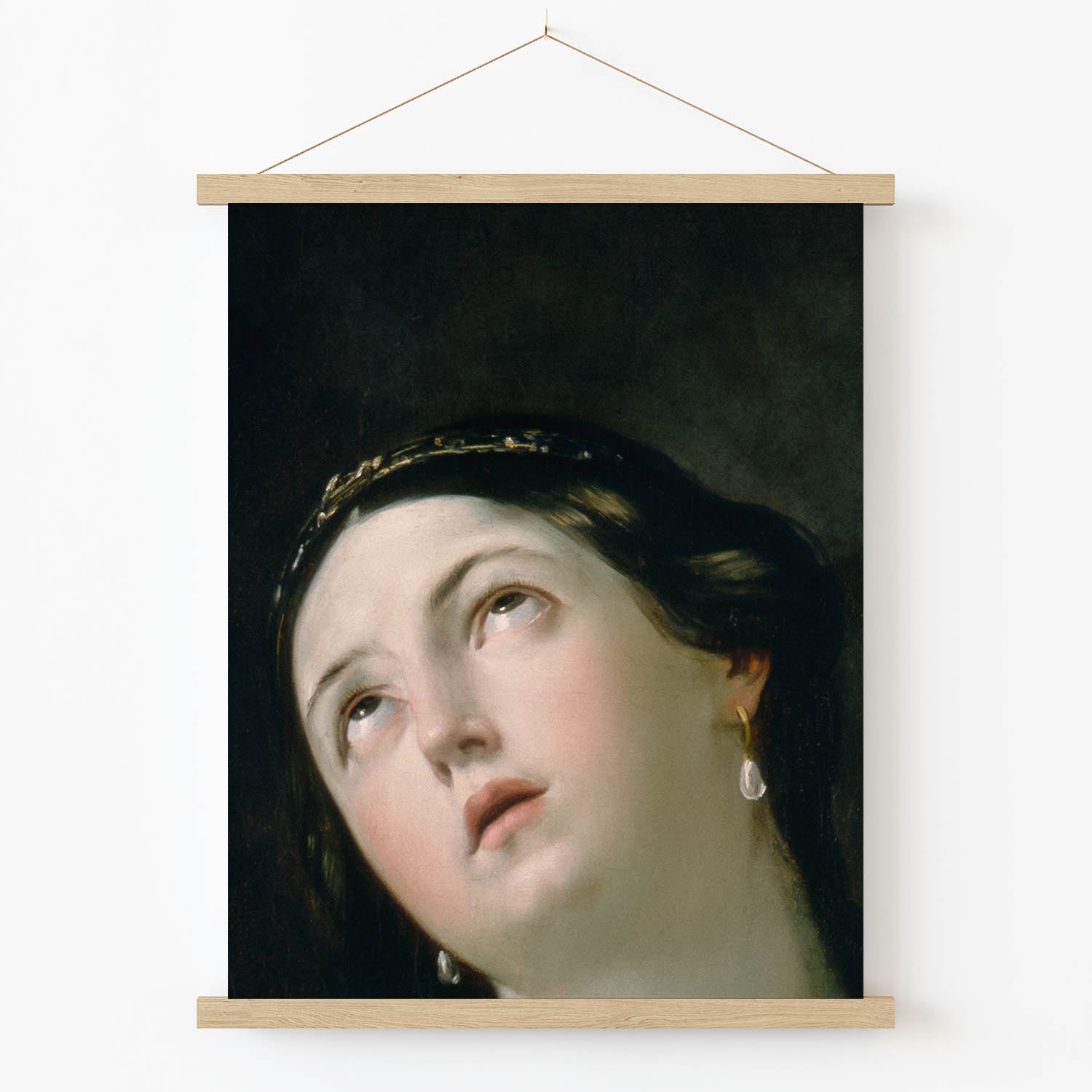 Moody Renaissance Portrait Art Print in Wood Hanger Frame on Wall