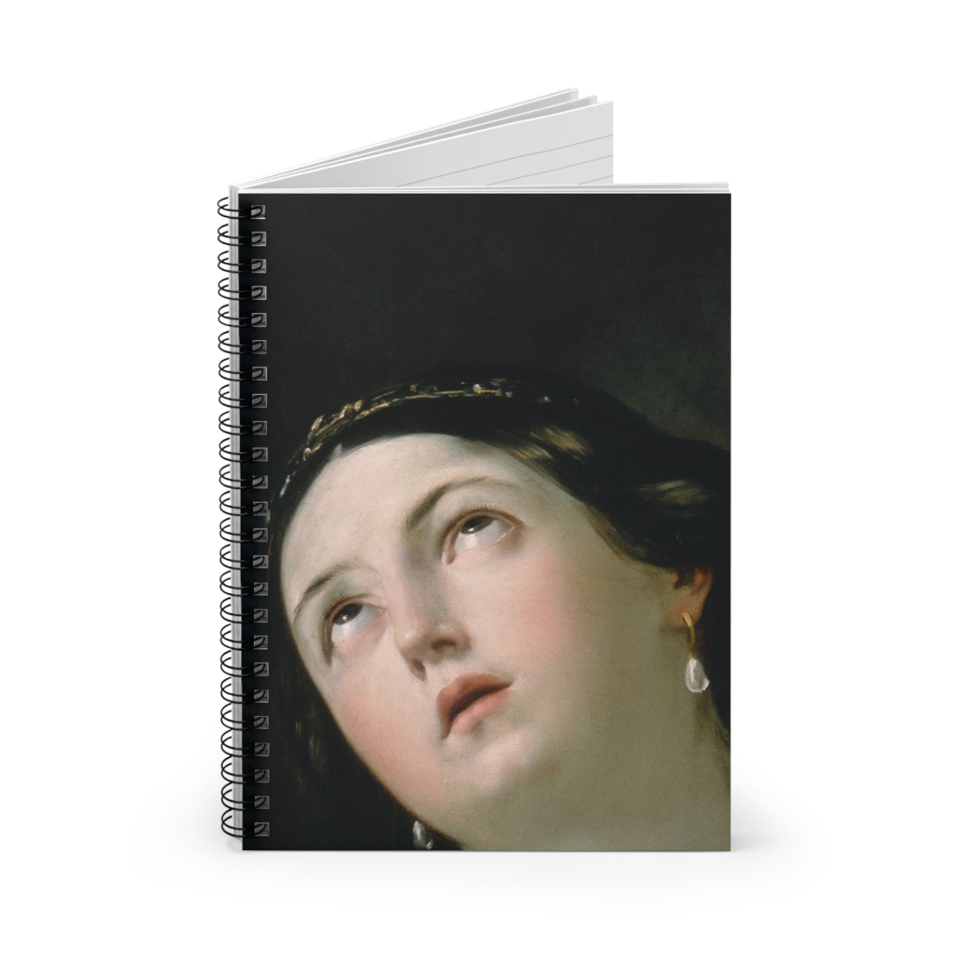 Moody Renaissance Portrait Spiral Notebook Standing up on White Desk