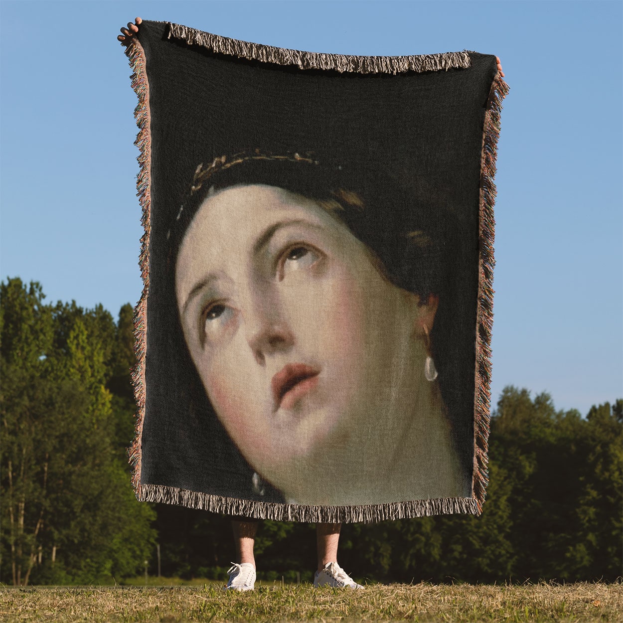 Moody Renaissance Portrait Woven Blanket Held on a Woman's Back Outside