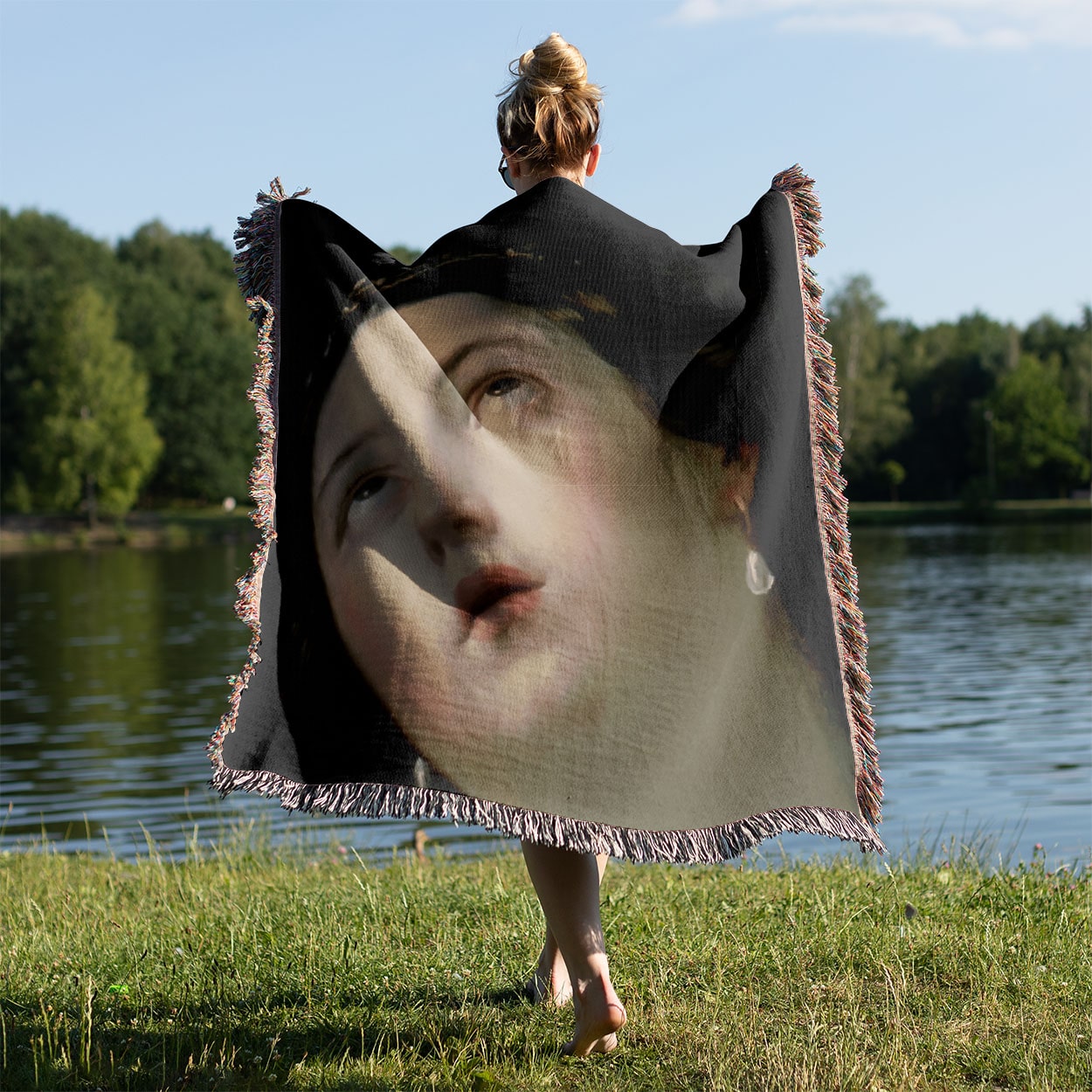 Moody Renaissance Portrait Woven Throw Blanket Held on a Woman's Back Outside