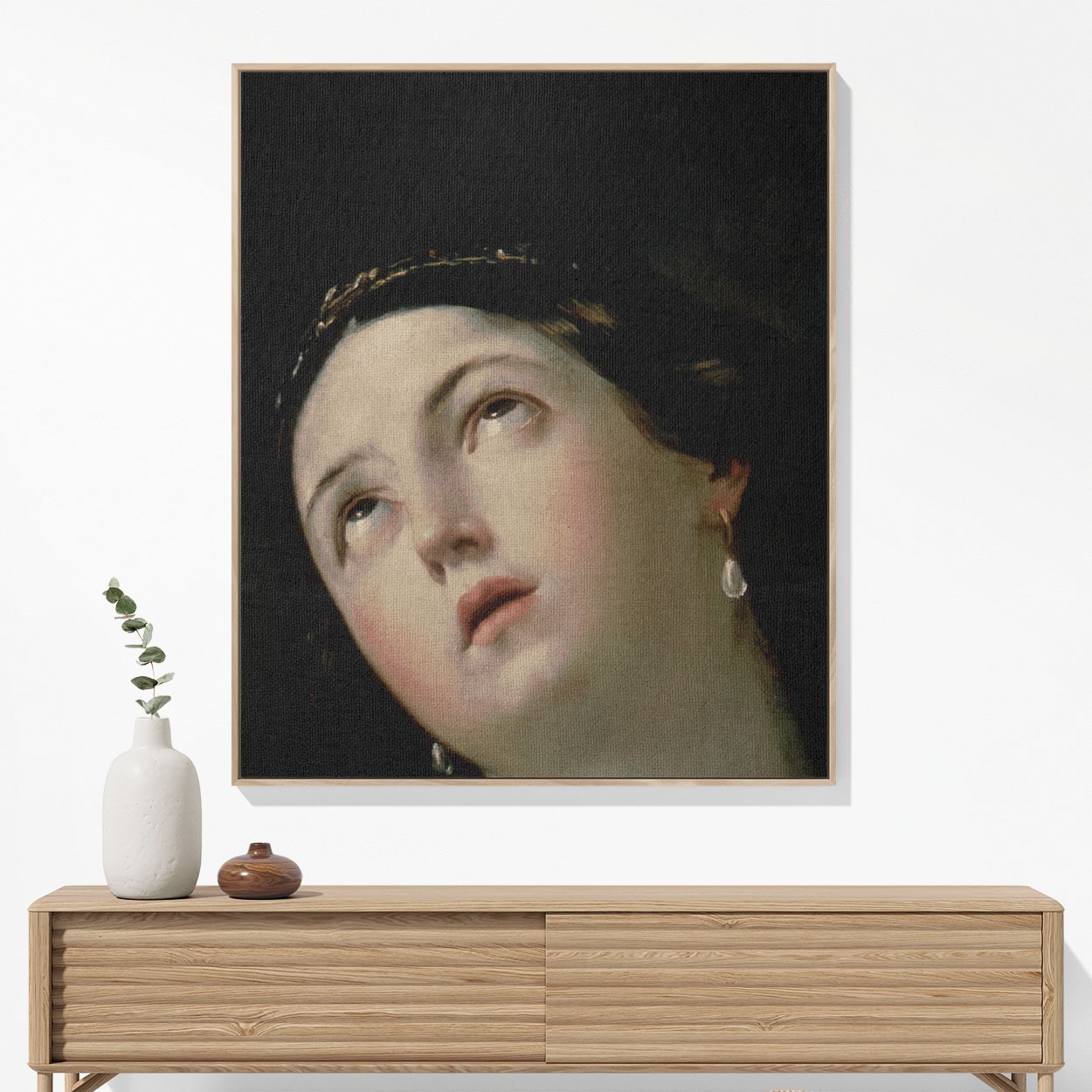 Moody Renaissance Portrait Woven Blanket Hanging on a Wall as Framed Wall Art