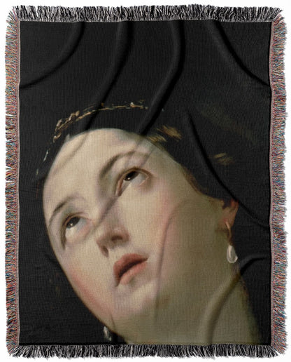 Moody Renaissance Portrait woven throw blanket, made with 100% cotton, presenting a soft and cozy texture with a dark academia theme for home decor.