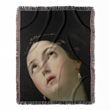 Moody Renaissance Portrait woven throw blanket, made with 100% cotton, presenting a soft and cozy texture with a dark academia theme for home decor.
