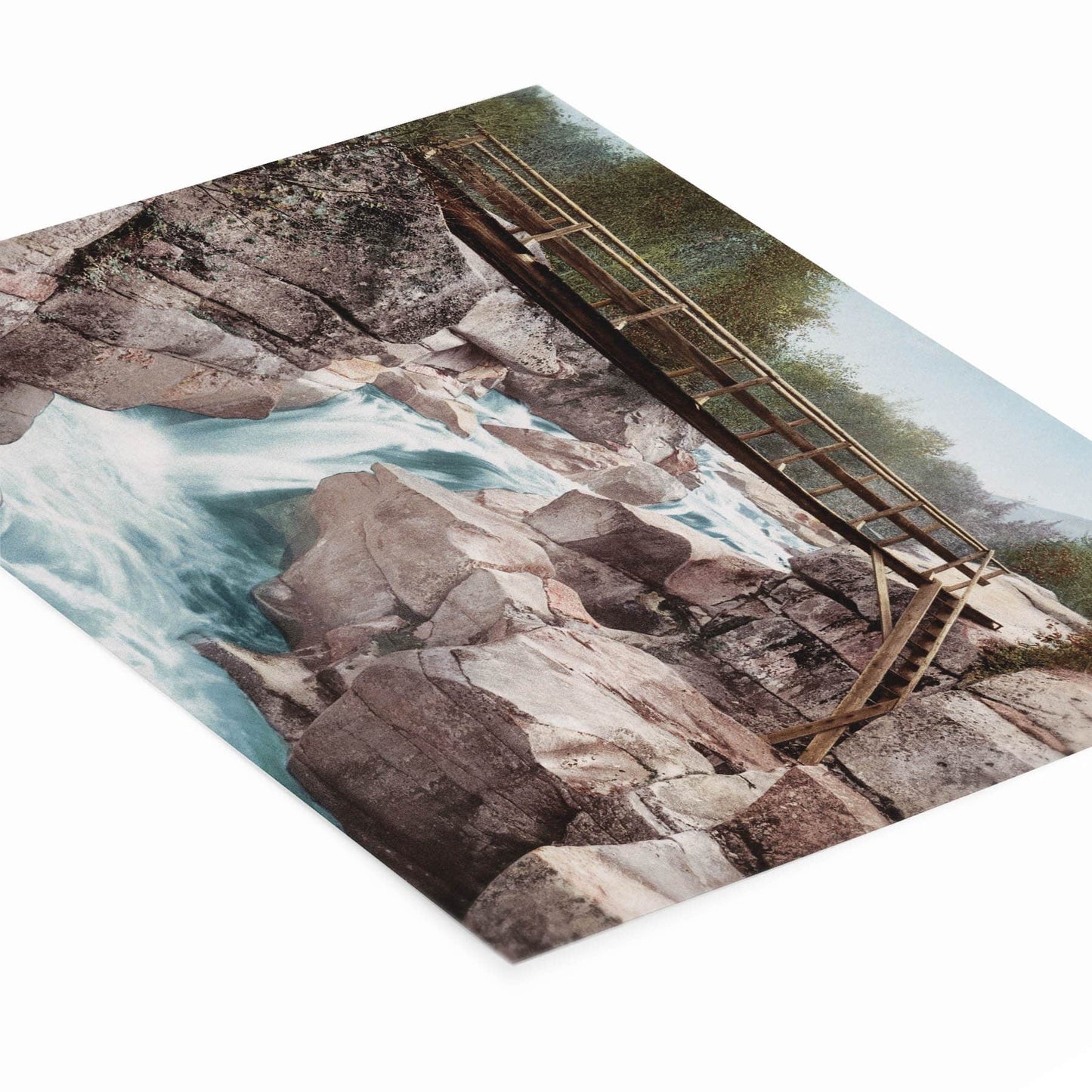 Mountain River Art Print Laying Flat on a White Background