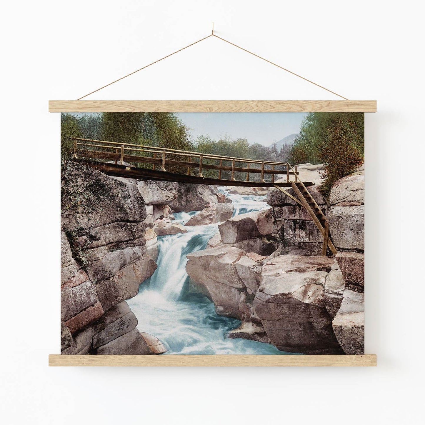 Mountain River Art Print in Wood Hanger Frame on Wall