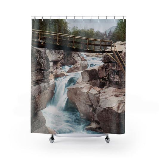 Mountain Landscape Shower Curtain with vintage design, classic bathroom decor featuring historical mountain scenes.