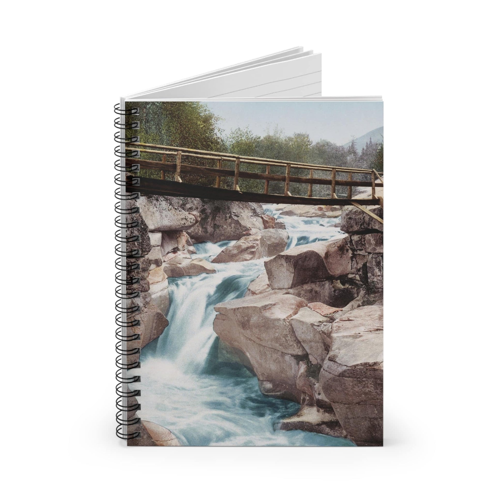 Mountain River Spiral Notebook Standing up on White Desk
