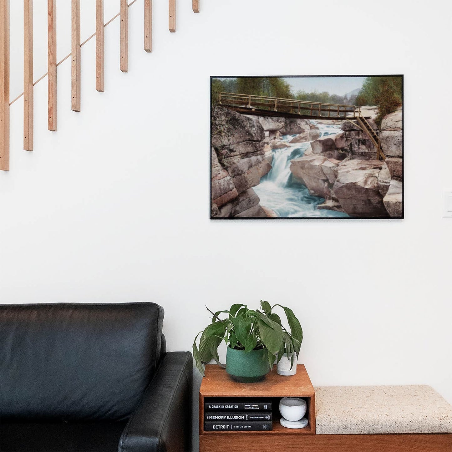 Mountain River Wall Art Print in a Picture Frame on Living Room Wall