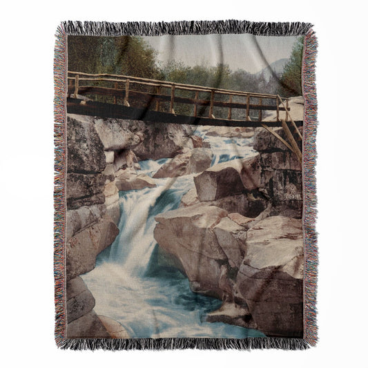 Mountain Landscape woven throw blanket, crafted from 100% cotton, providing a soft and cozy texture with vintage photography for home decor.