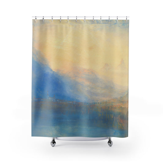 Mountain and Lake Shower Curtain with yellow and blue design, scenic bathroom decor featuring picturesque mountain and lake views.