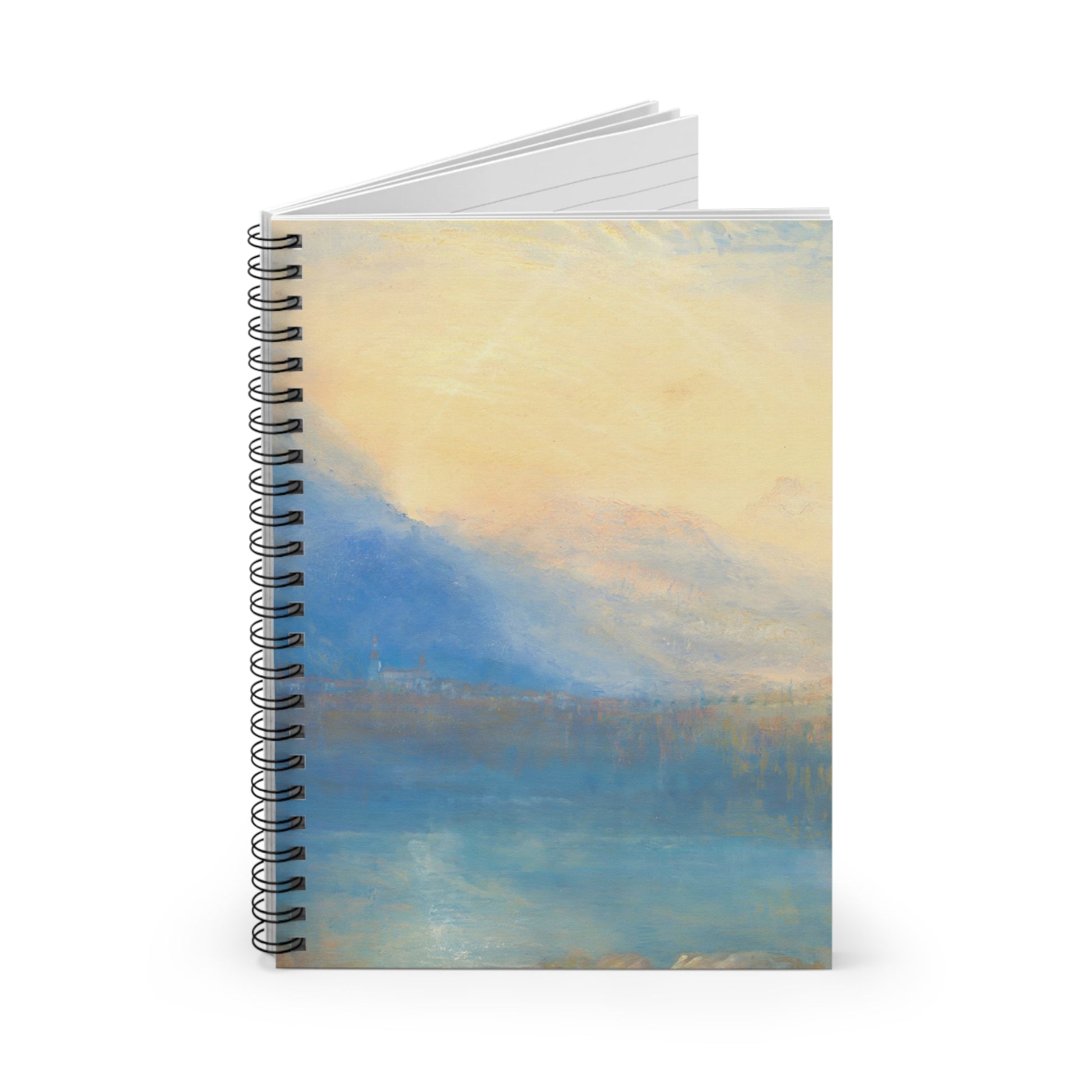 Mountain and Lake Spiral Notebook Standing up on White Desk