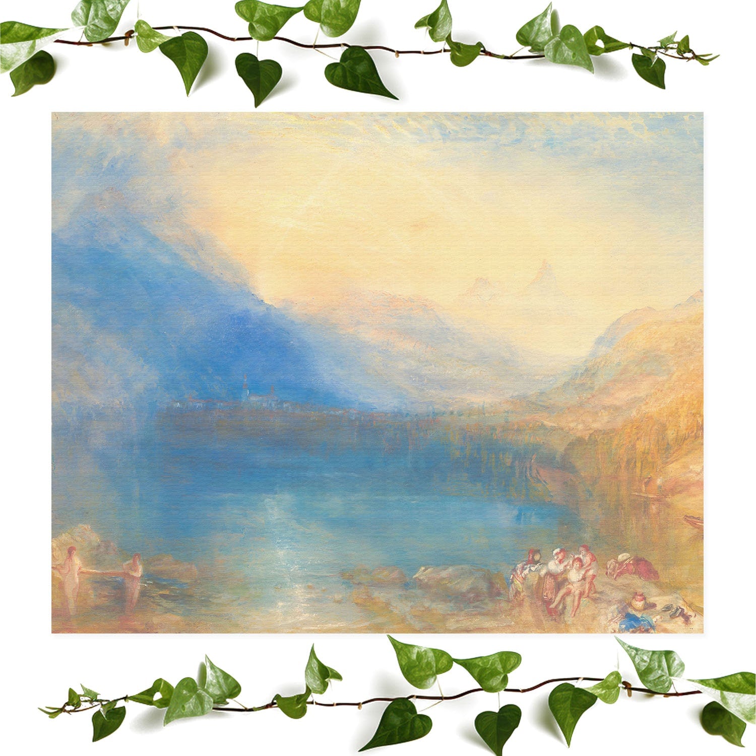 Mountain and Lake art print yellow and blue, vintage wall art room decor