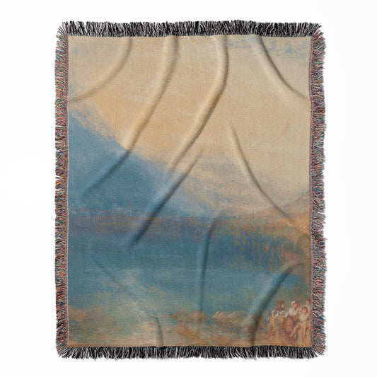 Mountain and Lake woven throw blanket, made with 100% cotton, featuring a soft and cozy texture with a yellow and blue design for home decor.