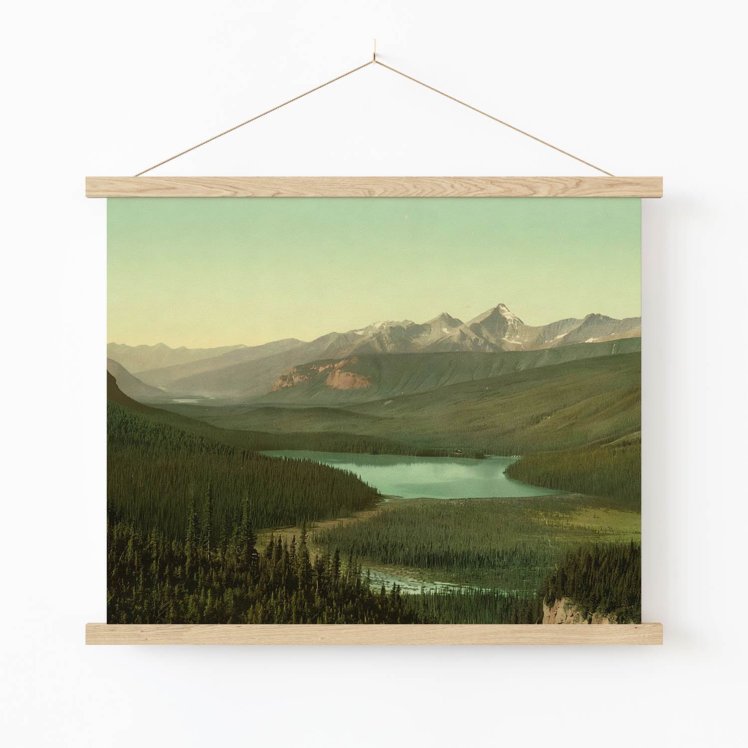 Emerald Green Landscape Art Print in Wood Hanger Frame on Wall