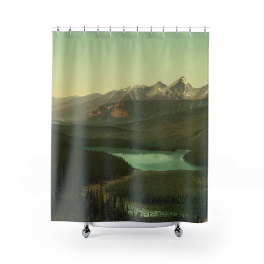 Mountains Shower Curtain with Emerald Lake design, scenic bathroom decor featuring picturesque mountain views.