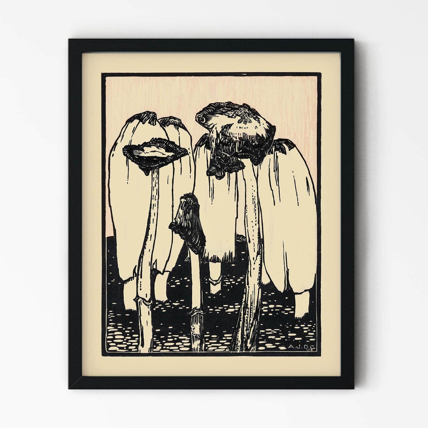 Mushroom Garden Ink Drawing in Black Picture Frame