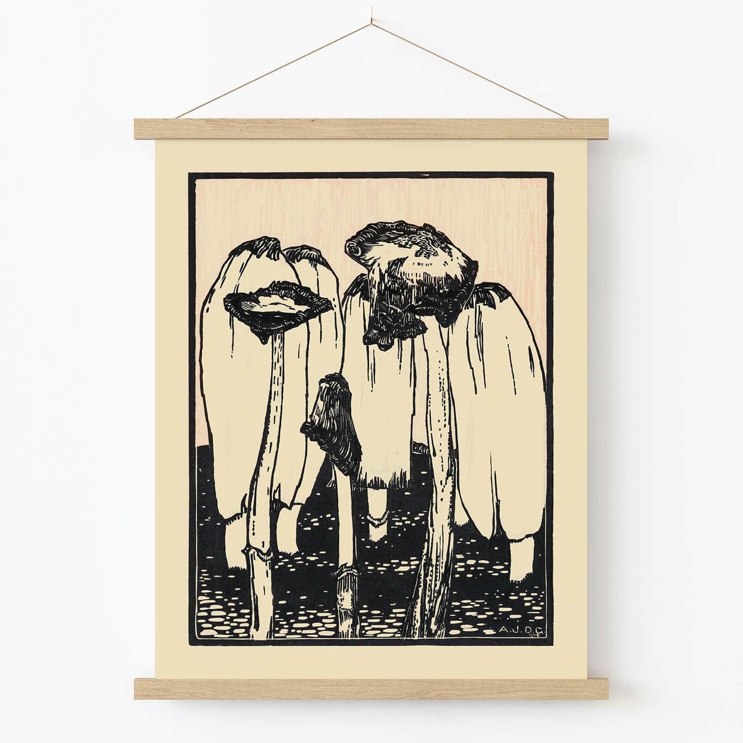 Mushroom Garden Art Print in Wood Hanger Frame on Wall
