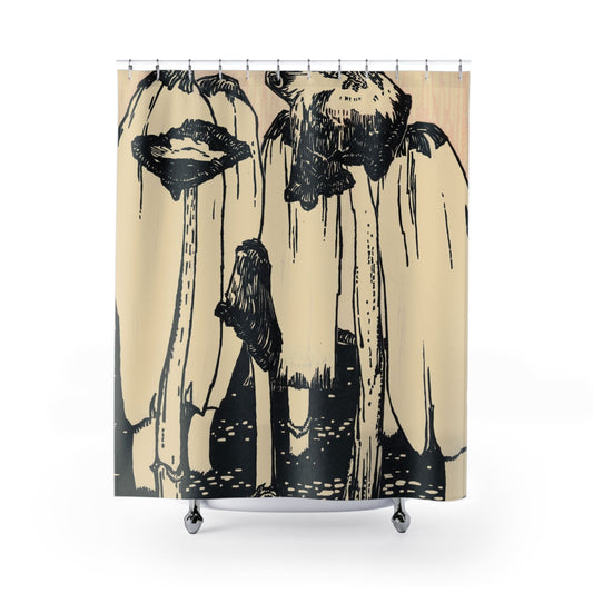 Mushroom Aesthetic Shower Curtain with cool ink drawing design, artistic bathroom decor featuring detailed mushroom art.