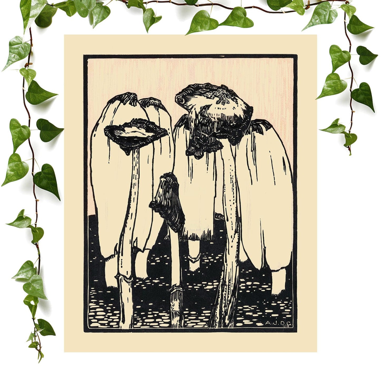 Mushroom Aesthetic art print cool ink drawing, vintage wall art room decor