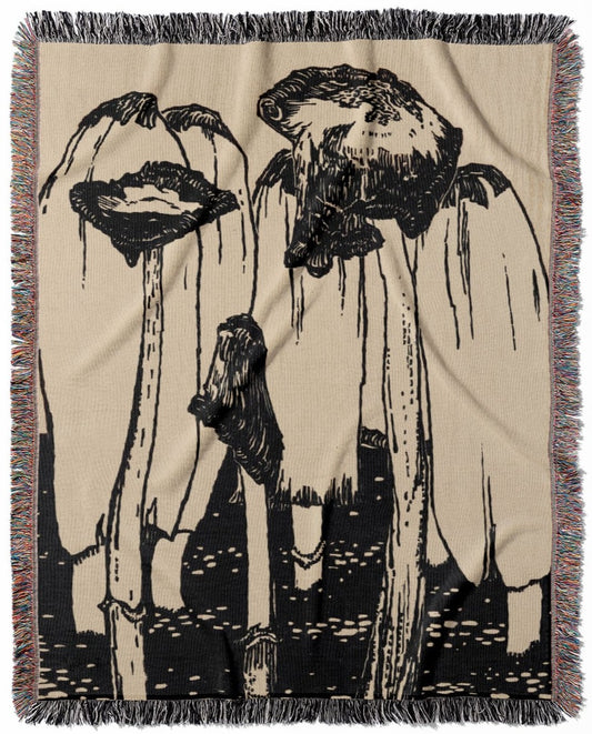 Mushroom Aesthetic woven throw blanket, crafted from 100% cotton, offering a soft and cozy texture with a cool ink drawing for home decor.