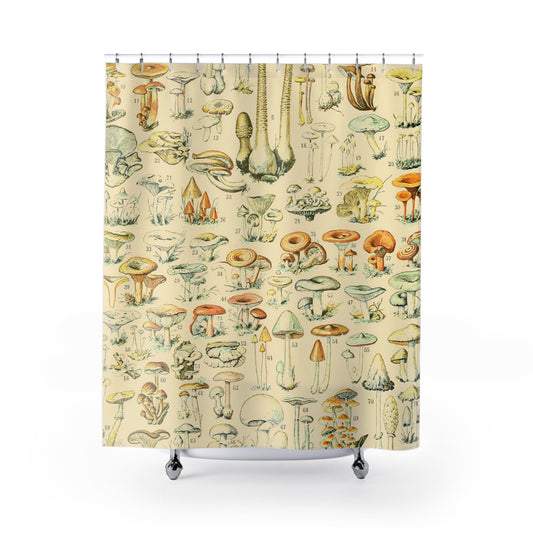 Mushroom Caps Shower Curtain with cool mushrooms design, whimsical bathroom decor showcasing various mushroom designs.