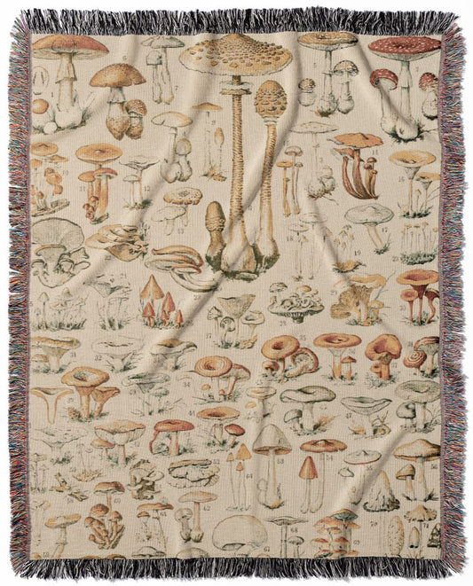 Mushroom Caps woven throw blanket, made from 100% cotton, presenting a soft and cozy texture with cool mushroom designs for home decor.