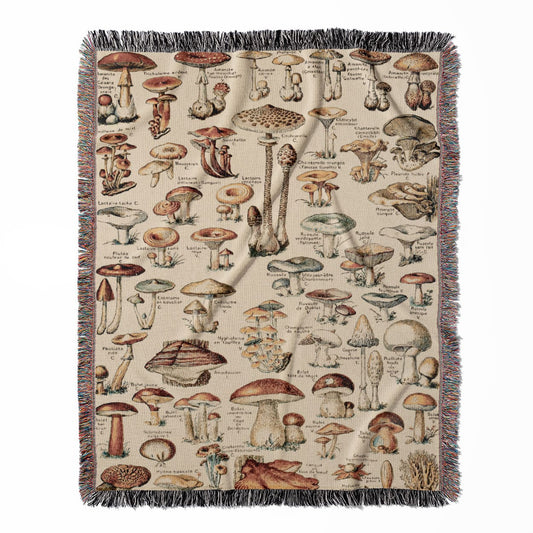 Mushroom woven throw blanket, made from 100% cotton, featuring a soft and cozy texture with cool plant designs for home decor.