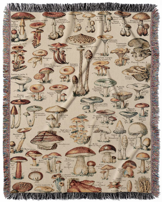 Mushroom woven throw blanket, made from 100% cotton, featuring a soft and cozy texture with cool plant designs for home decor.