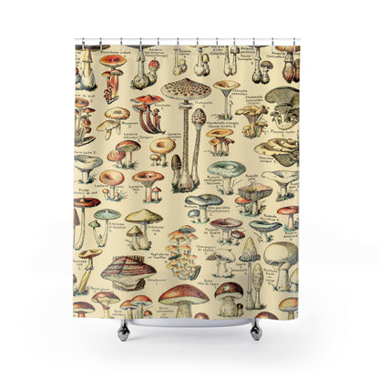 Mushroom Shower Curtain with cool plants design, unique bathroom decor featuring various plant and mushroom art.