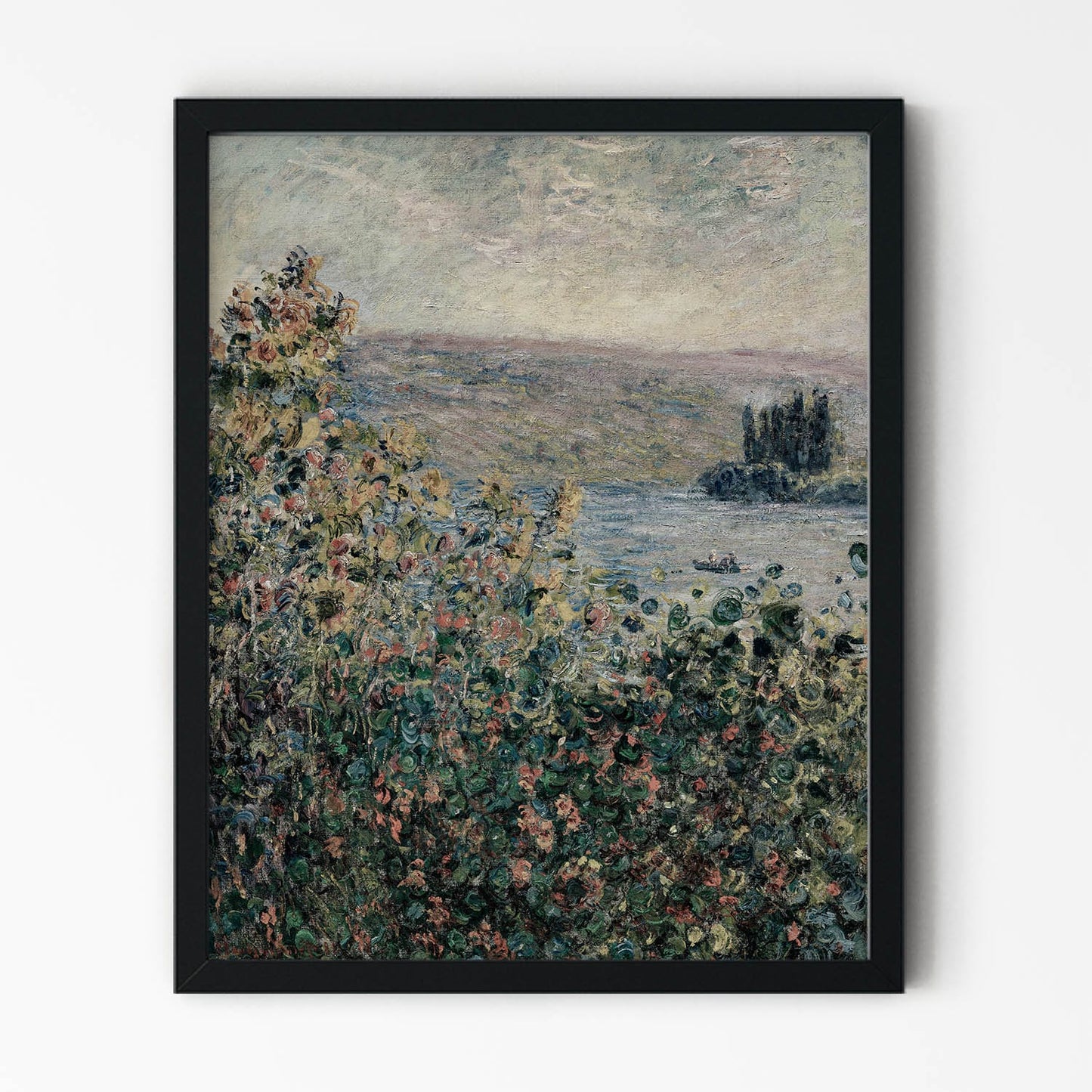 Green, Pink and Red Flowers Painting in Black Picture Frame