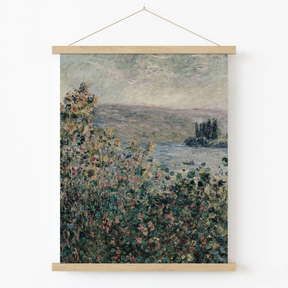 Green, Pink and Red Flowers Art Print in Wood Hanger Frame on Wall
