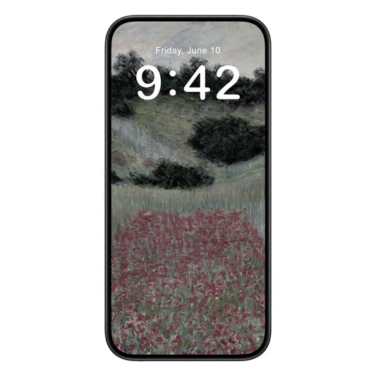 Muted Floral Landscape phone wallpaper background with claude monet design shown on a phone lock screen, instant download available.