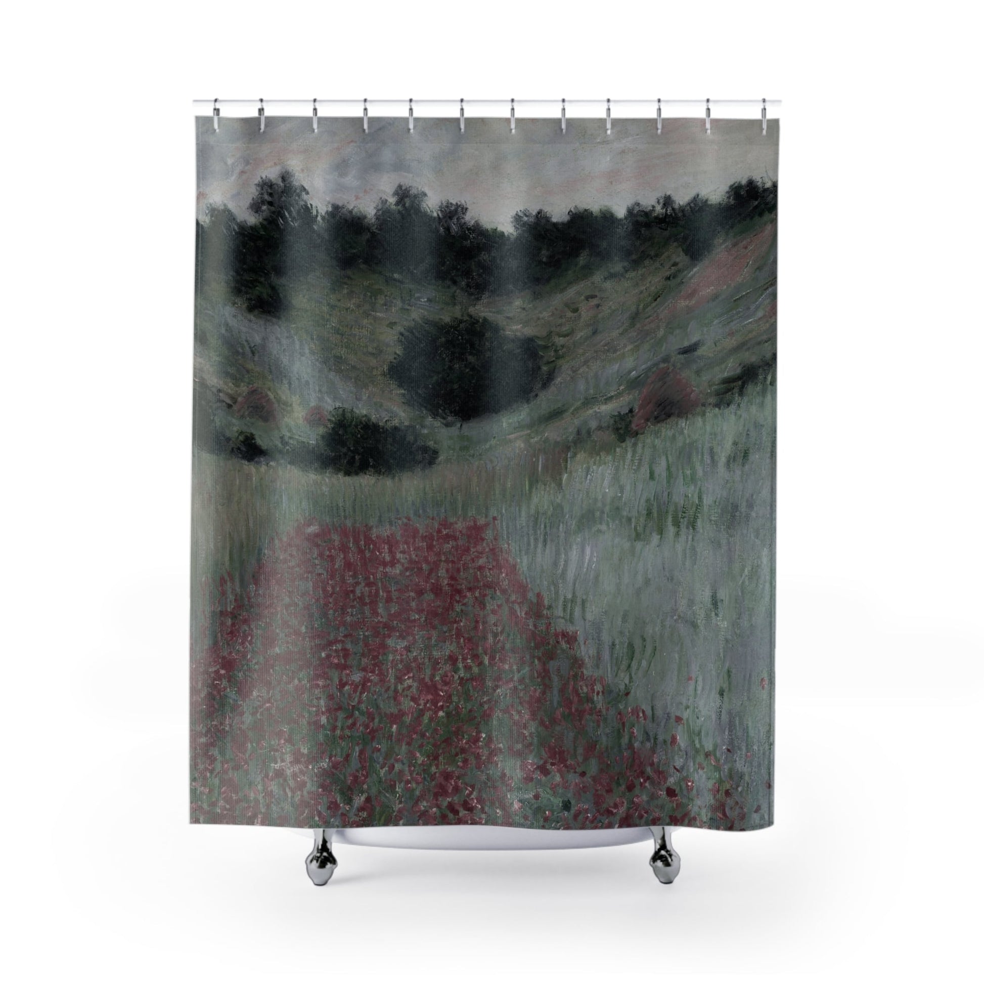 Muted Floral Landscape Shower Curtain with Claude Monet design, classic bathroom decor showcasing Monet's floral themes.