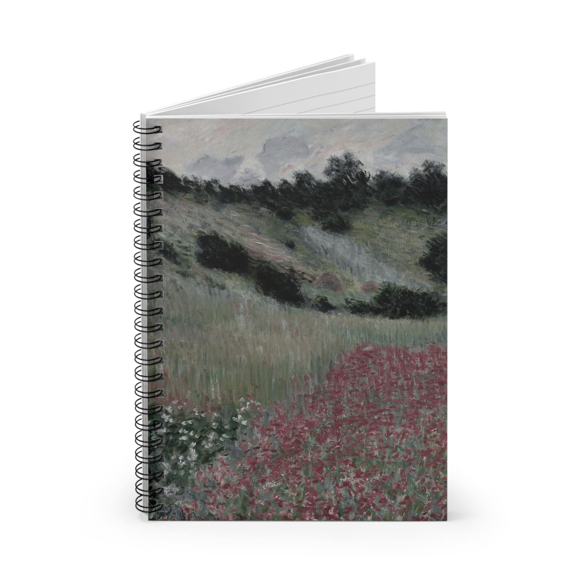 Muted Floral Landscape Spiral Notebook Standing up on White Desk