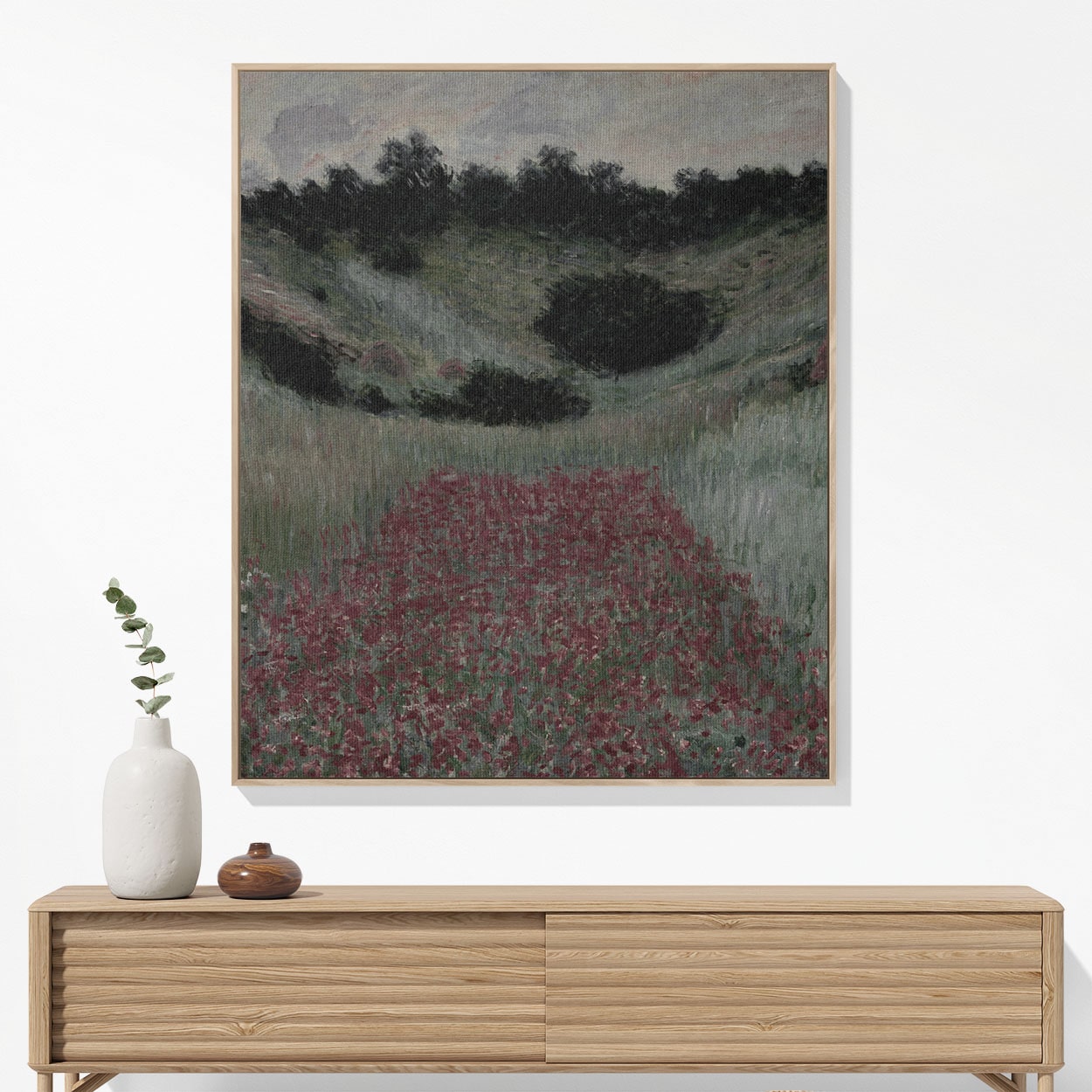 Muted Floral Landscape Woven Blanket Hanging on a Wall as Framed Wall Art