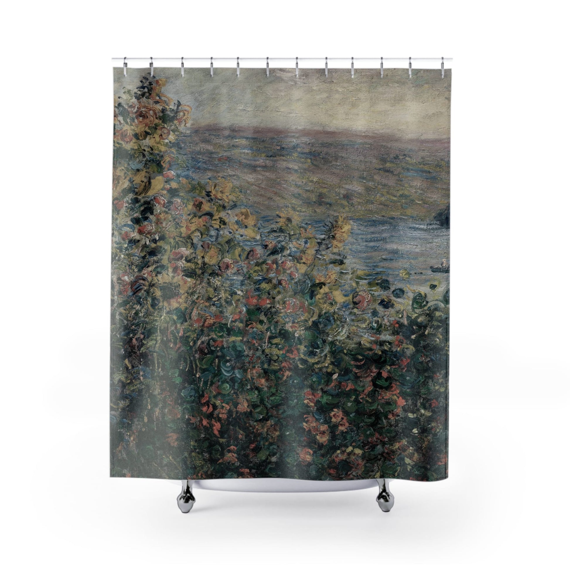 Muted Floral Shower Curtain with Claude Monet design, artistic bathroom decor featuring Monet's floral artwork.