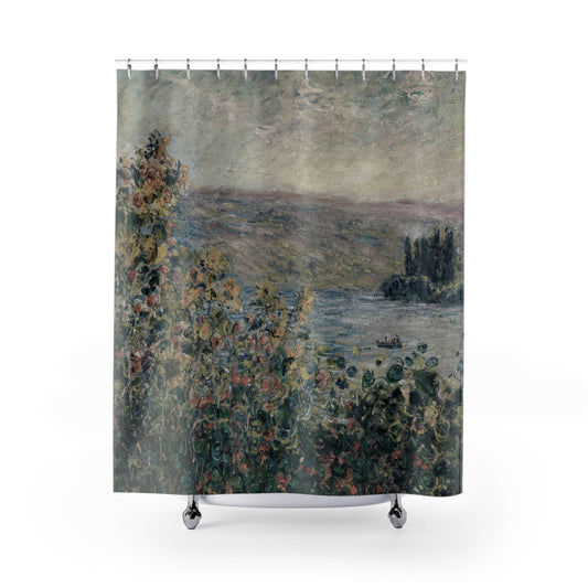 Muted Floral Shower Curtain with green, pink, and red design, colorful bathroom decor featuring vibrant floral patterns.