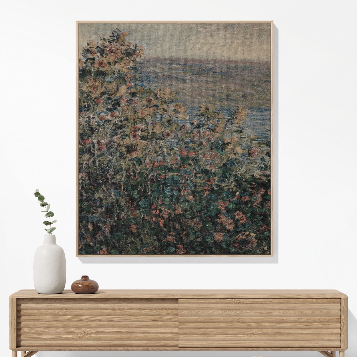 Muted Floral Woven Blanket Hanging on a Wall as Framed Wall Art