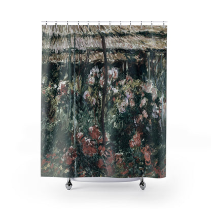 Muted Flowers Shower Curtain with peony garden design, botanical bathroom decor featuring soft floral patterns.
