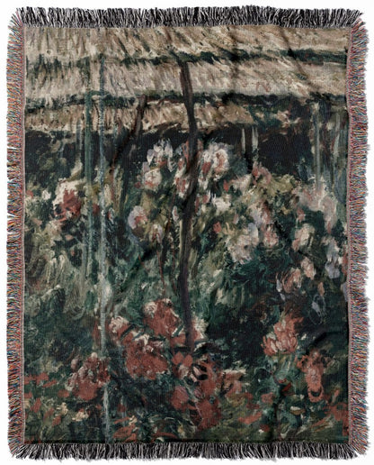 Muted Flowers woven throw blanket, crafted from 100% cotton, delivering a soft and cozy texture with a peony garden by Monet design for home decor.